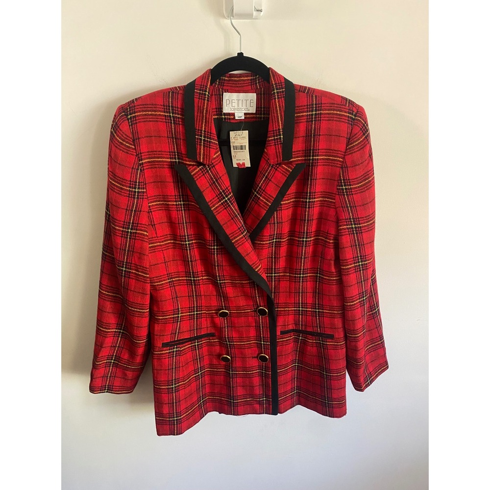 Petite Sophisticate Red Plaid Double Breasted Blazer Vintage 90s NWT Size 12P